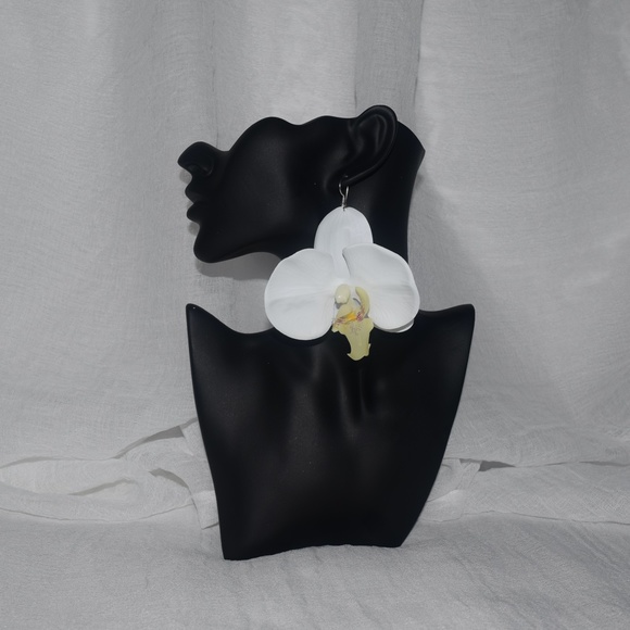 White Phalaenopsis Orchid True Touch Artificial Earrings. - Picture 2 of 9